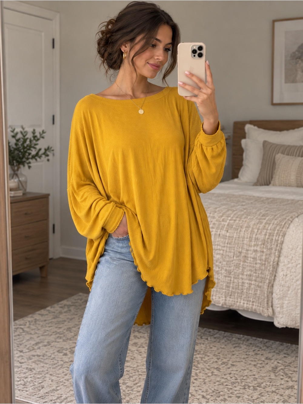 Free People Mustard Yellow Oversized Boho Tunic Top Long Sleeve Flowy Small